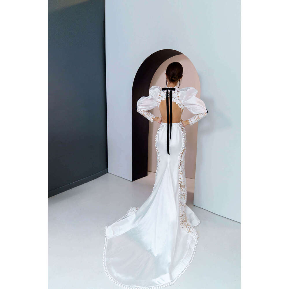 Exquisite Mermaid Wedding Dress High Neck Lantern Long Sleeve Bride Gowns Lace Up Back Bridal Dresses Vestido De Novia