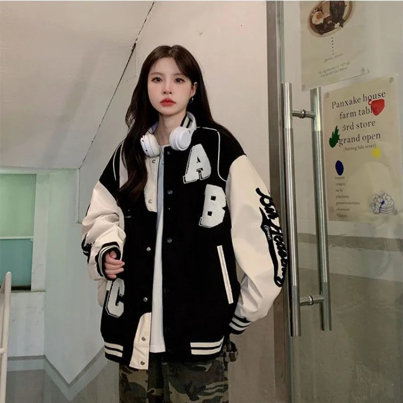 Deeptown retro bomber jacket women Harajuku fashion college uniform university baseball spring jacket oversized streetwear Y2k 241011