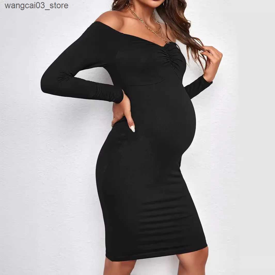 Maternity Dresses Pregnant Woman Off Shoulder Pleated Long Sleeve Jumpsuit Dress Summer American Elegant Fashion Clothes For Pregnant Maternity L24091