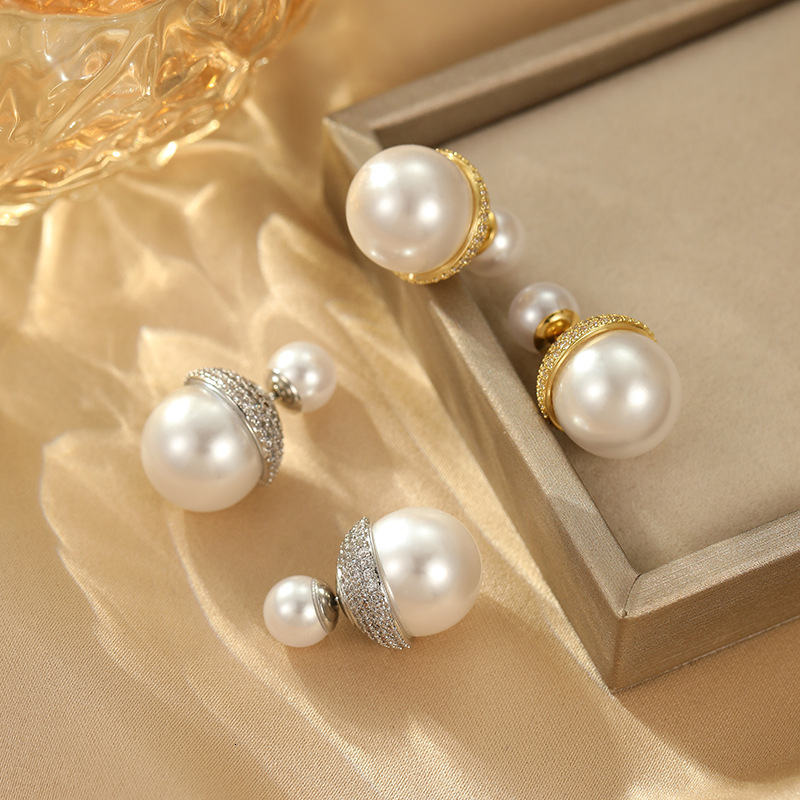 micro inlaid zircon with pearl in front back, light temperament, high-end earrings, simple and versatile earrings