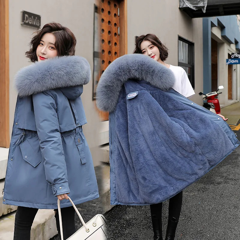 Womens beige Plus velvet winter coat jacket Parkas outdoor fur collar womens Korean streetwear 241010