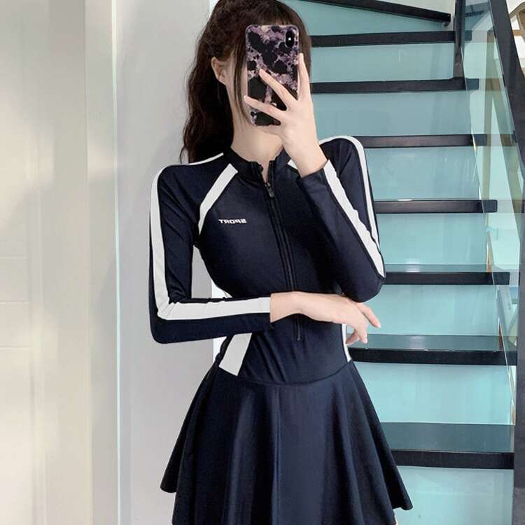 New Skirt Style One Piece Fresh Women's Conservative Slimming Long Sleeved Student Hot Spring Swimming Suit