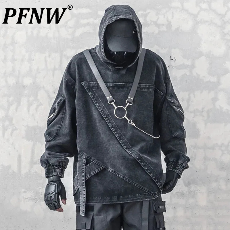 PFNW Dark Mens Denim Hoodie Splicing Ribbon Hoodie Loose Wash Zipper Autumn Mens Sportswear Personalized 12C922 241010