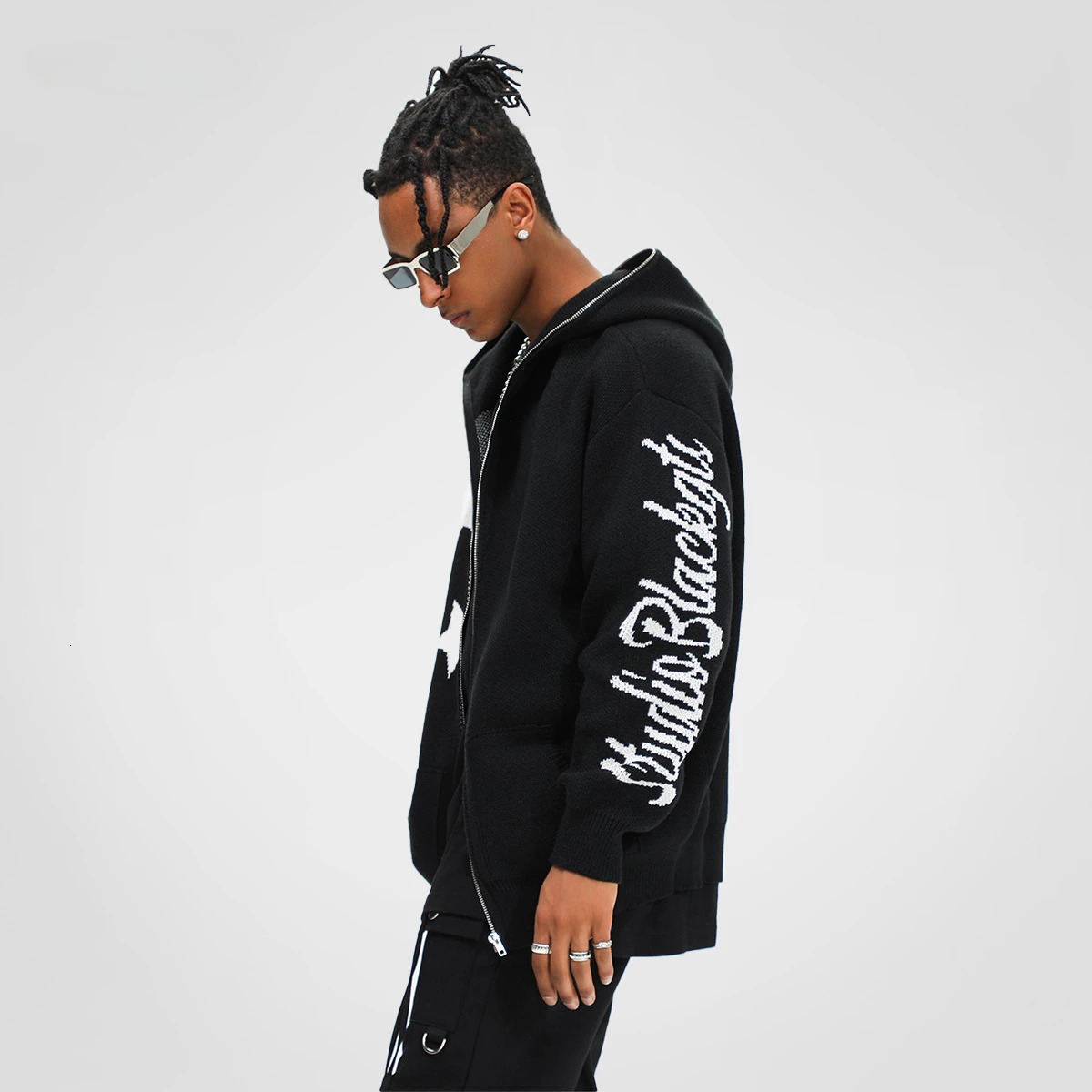 HOUZHOU Y2K celebrity hooded cardigan knitted sweater mens autumn streetwear hip-hop long sleeved jump jacket zipper jacket mens 241007