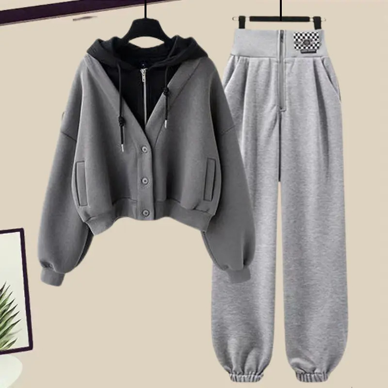 Winter patch work hoodie jacket personalized leg two-piece elegant womens pants set sportswear set 241010