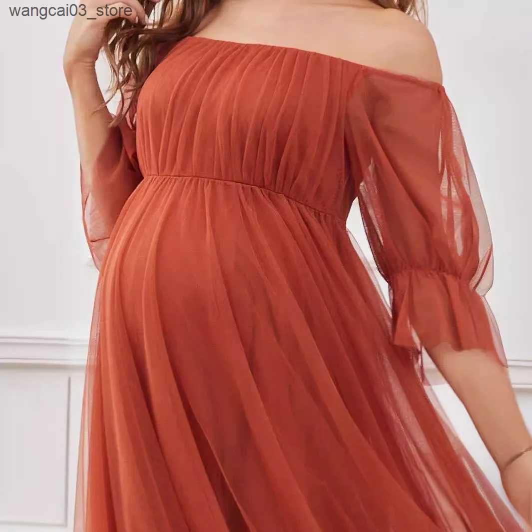 Maternity Dresses Summer New Evening Dress for Pregnant Women Formal Long Dress Short Sleeve Off Shoulder Mesh Solid Pregnant Women Baby Shower L24091
