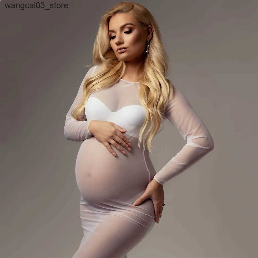 Maternity Dresses See Through Stretchy Mesh Maternity Photoshoot Dress Boat Neck Full Sleeve Skinny Pregnant Woman Mesh Long Dress L240910