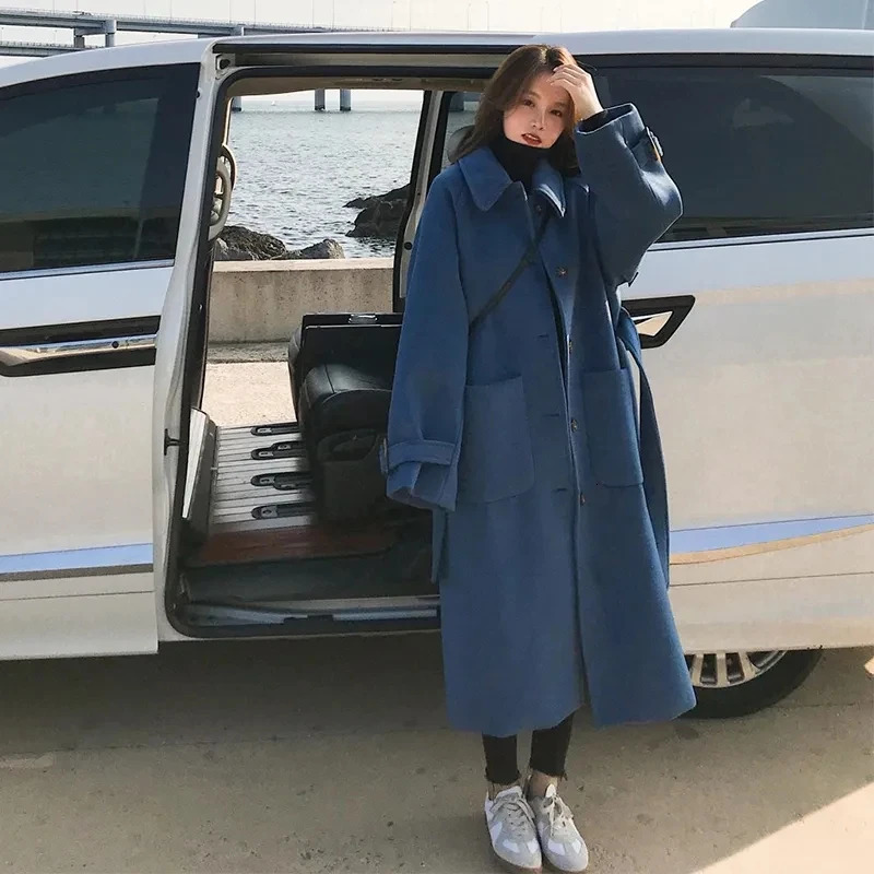Womens Wool Blend Coat Winter Warm Cotton Thicken Overcoat Female Casual Loose Woolen Outwear Temperament Wind Long Jacket 241008