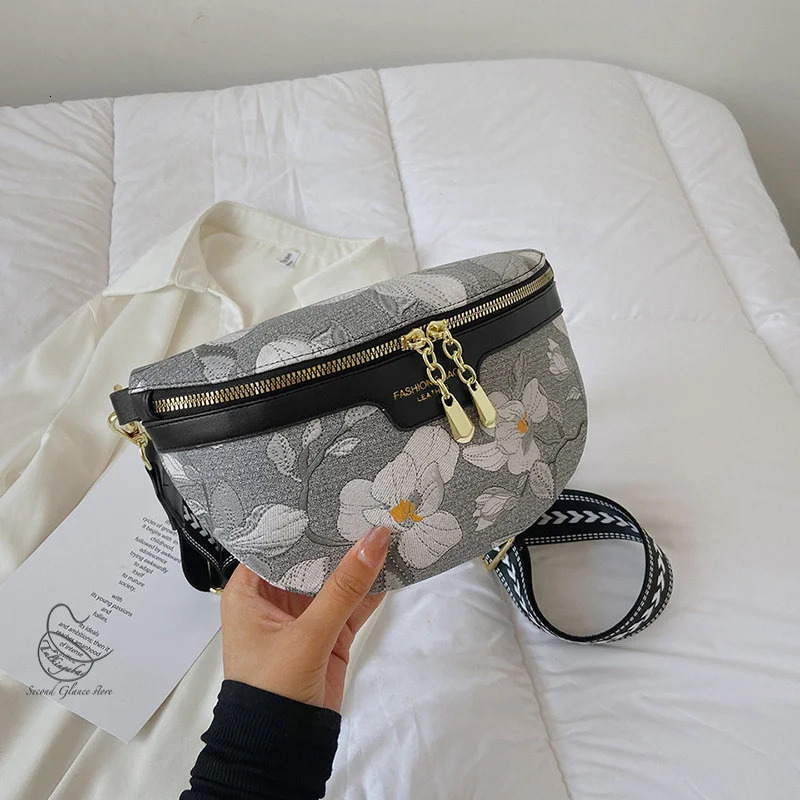 Elegant printed PU leather waist bag womens zipper waist bag womens Fanny bag wide shoulder strap cross body chest bag 241008