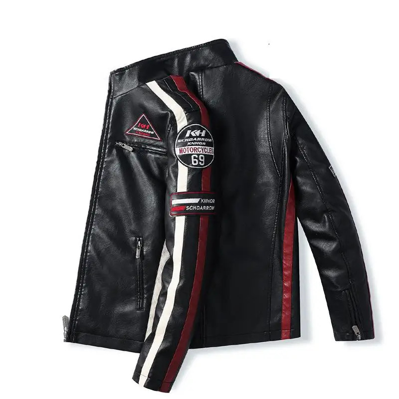 Mens ultra-fine PU motorcycle jacket fashionable leather jacket plush contrasting color ed pilot jacket autumn and winter 240927