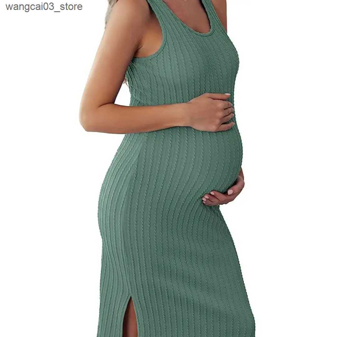 Maternity Dresses Womens Maternity Dress Rib Knit Sleeveless Tank Side Slit Bodycon Dresses Pregnancy Clothes S-XXL L240910 L240910