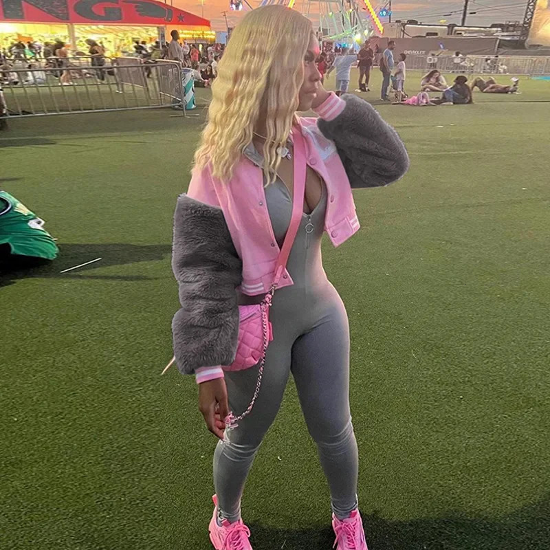 ANJAMANOR D-letter fur sleeve sports jacket womens clothing wholesale Cropped baseball college jacket cardigan D48-EB34 241011