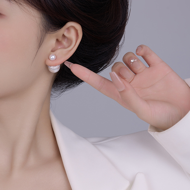 micro inlaid zircon with pearl in front back, light temperament, high-end earrings, simple and versatile earrings