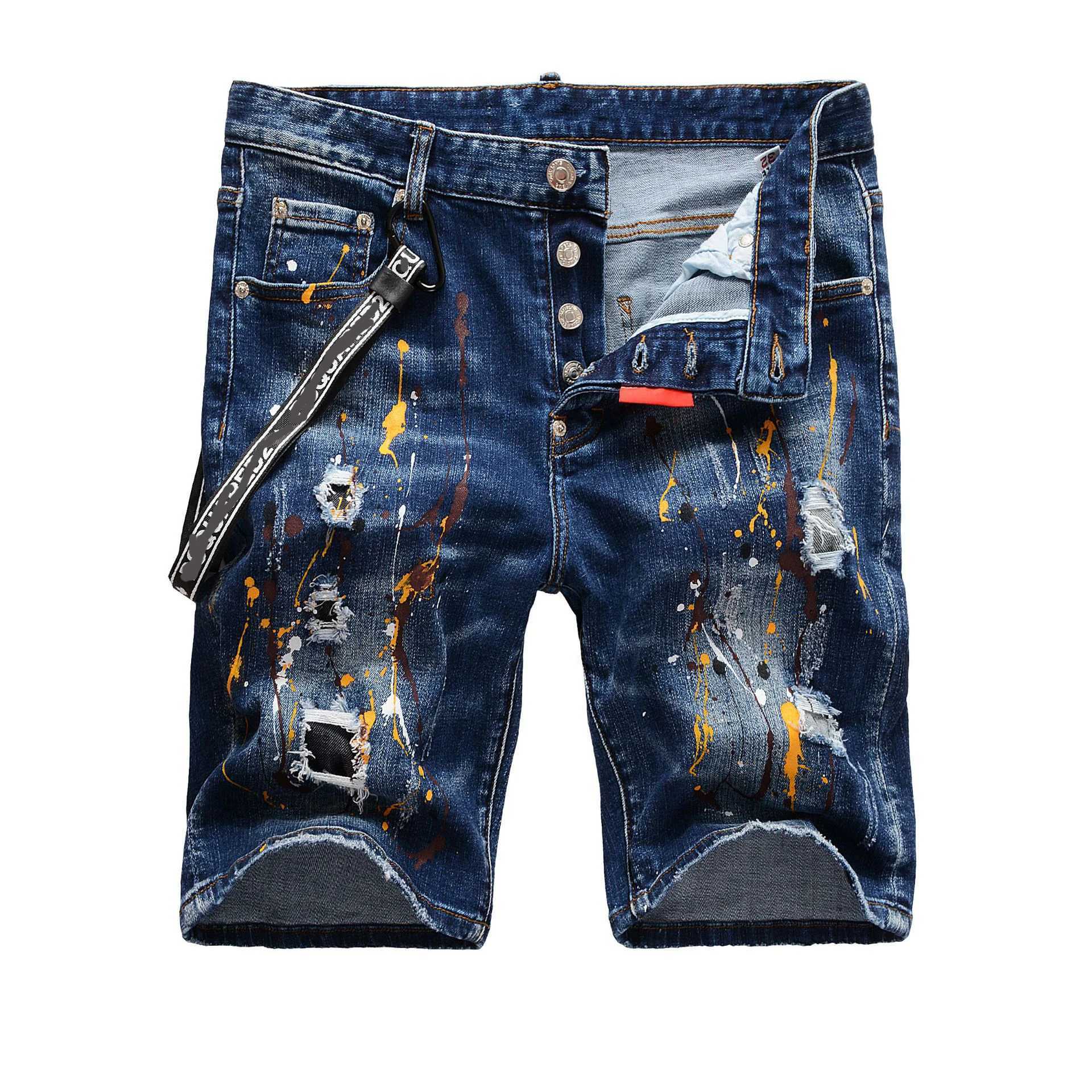 Newly arrived mens slim street blue ripped denim shorts light luxury colorful ink splattered decorative street shorts sexy casual shorts; W241010