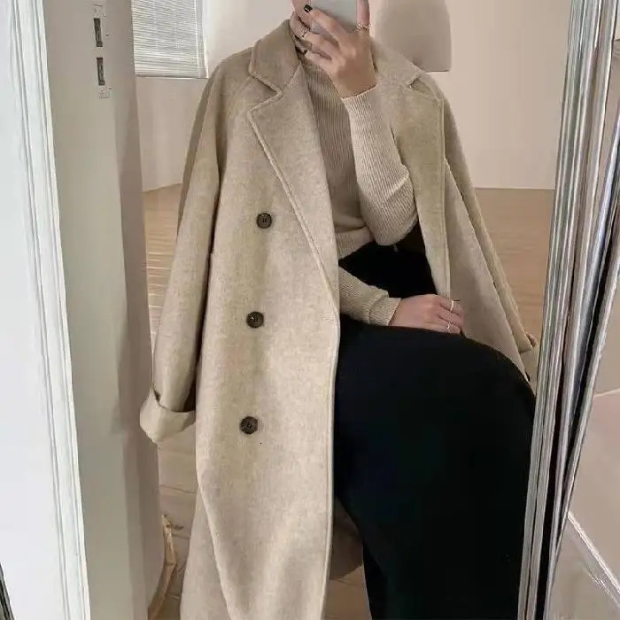 Blend Mid Length Wool Coats Splice Korean Jackets Turn Down Collar Full Sleeve Double Breasted Thick Autumn Winter 240930