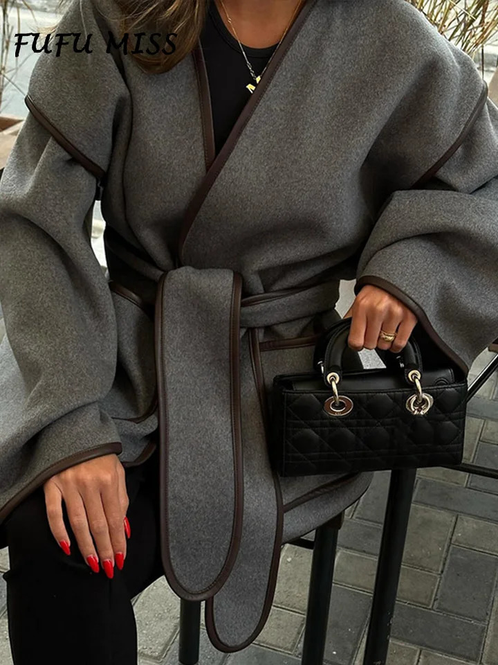 Elegant Contrast Loose Womens Coat With Belt Vneck Long Sleeve Pockets Casual Oversize Coats 2024 Autumn Lady Street Outerwear 240930