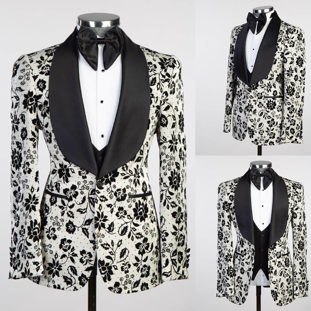 Black Floral Pattern Mens Wedding Tuxedos Shawl Lapel Tailored Pants Suits Birthday Party Prom Groom Wear 2 Pieces Jacket Vest