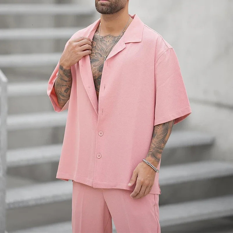 2024 Summer Fashion Two Piece Suits Mens Clothing Casual Short Sleeve Lapel Button Shirt And Pants Set For Men Leisure Outfits 241008
