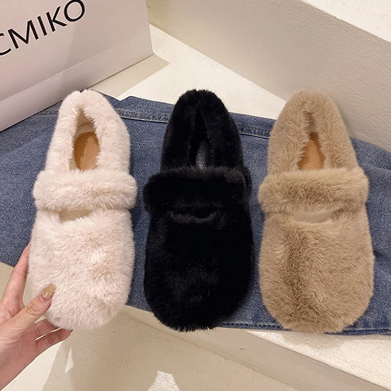 Fairy Hair Belt Mary Jane Shoes Womens Winter Cotton Ballet Rabbit Hair Shawl Womens Warm Fluffy Fur Apartment Womens Mocassines 241007