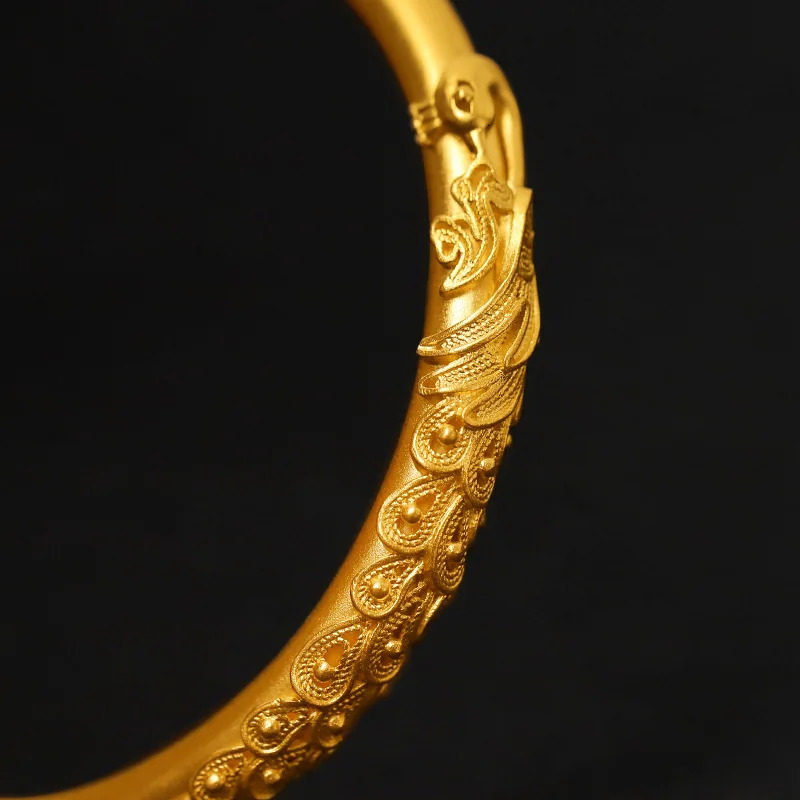 24K pure gold bracelet 999 dragon and phoenix bracelet womens retro inlaid peacock bracelet AU750 240929