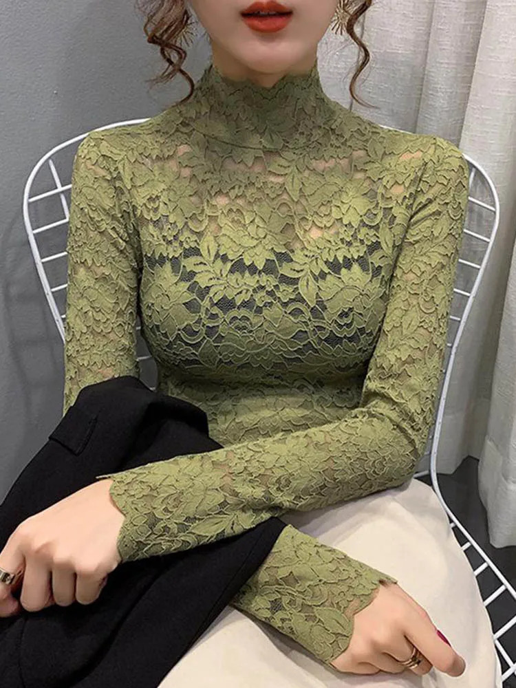 Autumn Women Thin Black Lace T shirt Sexy Turtleneck Long Sleeve Slim Crochet Patchwork Tee Tops 241011