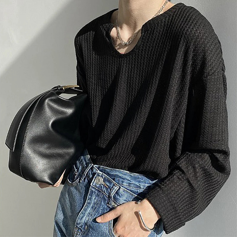 Mens Retro Loose Lazy Stylish Long Sleeve T-Shirt Casual O Neck Solid Exposed Clavicle Tops Breathable Basic Shirt 2024 241011