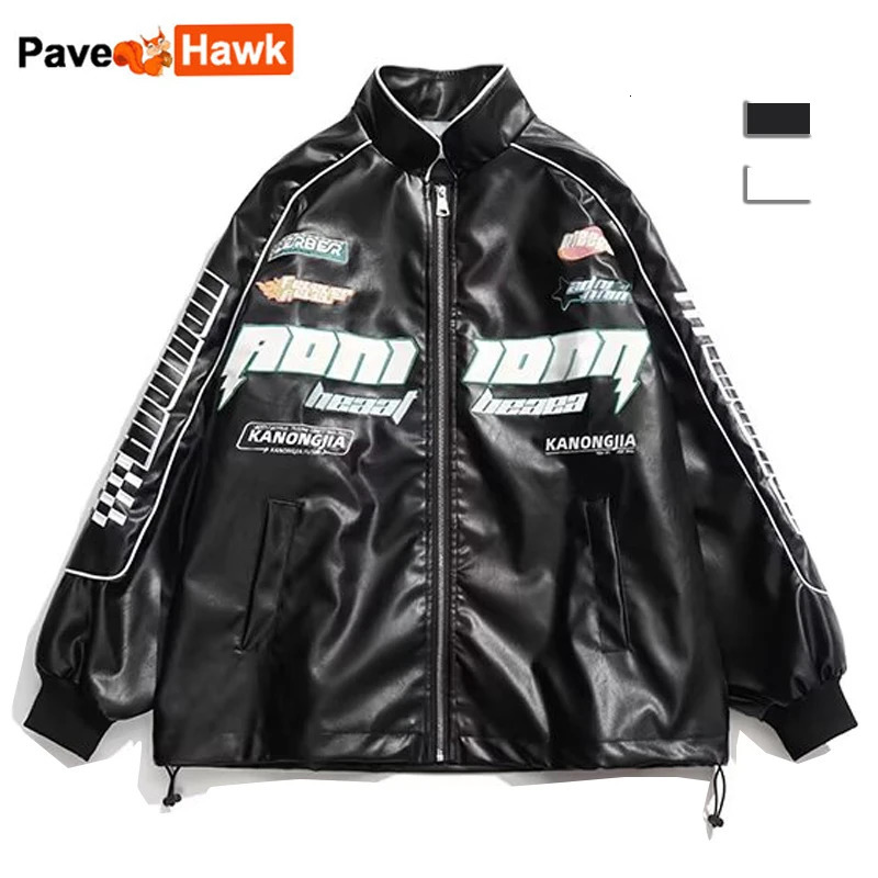 Embroidery leather jacket mens racing patch work street autumn ultra-fine Y2k PU baseball jacket retro couple jacket 241011