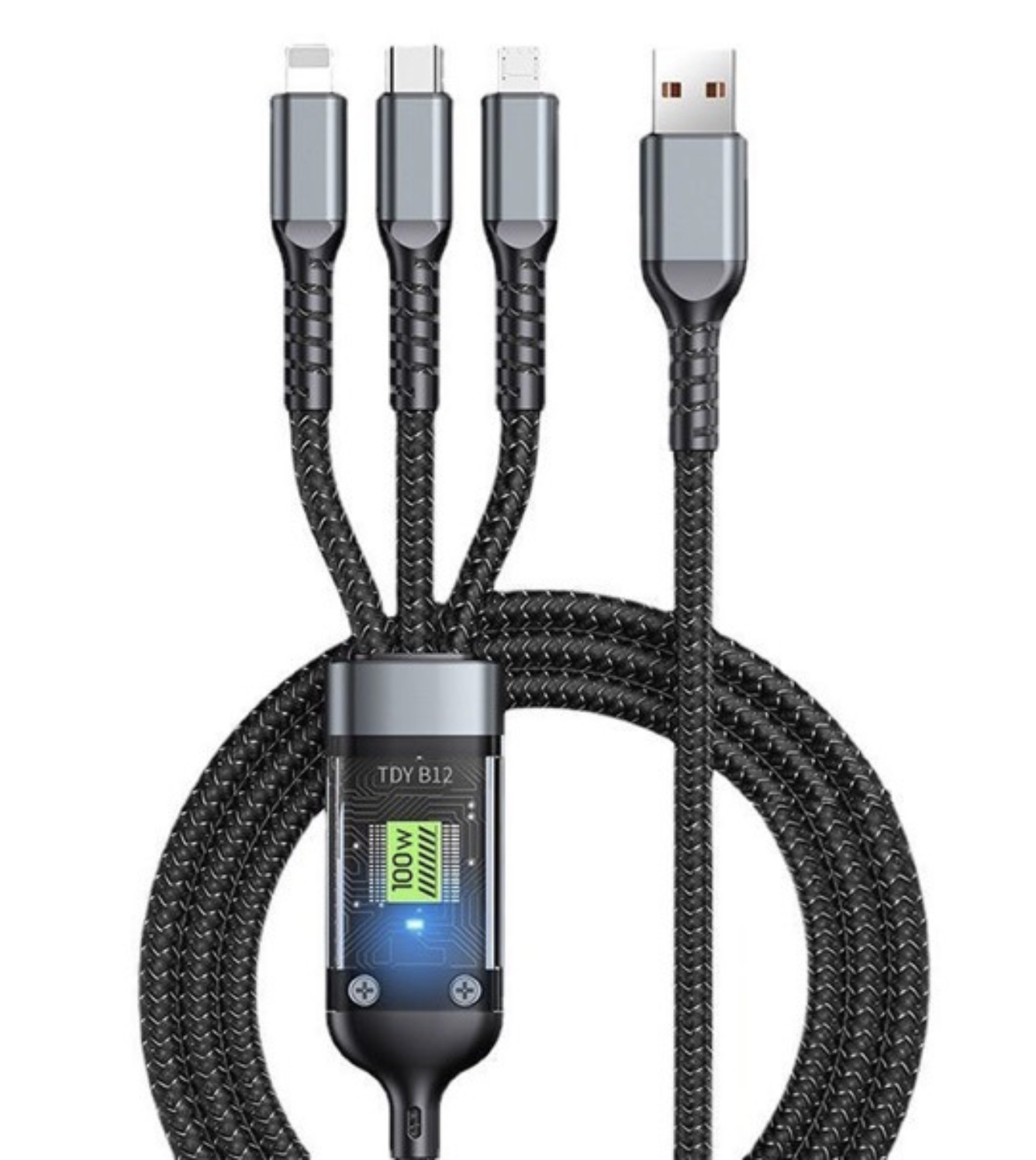 100W transparent digital display one-to-three super fast charging mobile phone data three-in-one charging cable