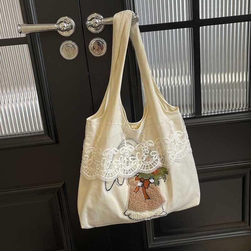 Korean canvas bag, women's fashion lace decoration, trendy towel embroidery, cute rabbit armpit shoulder bag, tote bag 241015