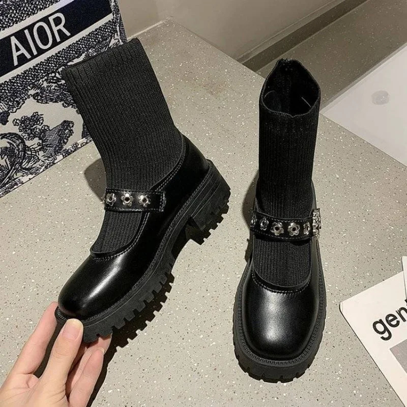 Shoes Kawaii Womens Socks Short Boots Elastic Boots Mary Janes Cute Womens Ankle Boots Lolita Winter Collection Y2k Pu 241007