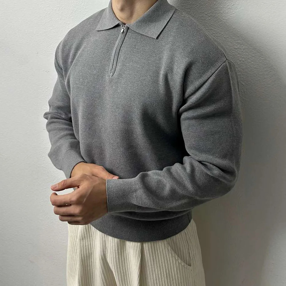 Mens Pullover Polo Korean Retro Preparatory Style Long Sleeve Mini Relaxing Fit Classic Retro workwear Autumn Top 240927
