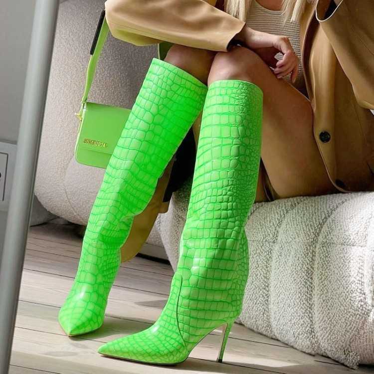 Personalized Pointed Fashion Boots Fluorescent Green Martin Boots Long Boots Stiletto High Heels Boot Versatile Look Thin Straight Ankle Boots 240826