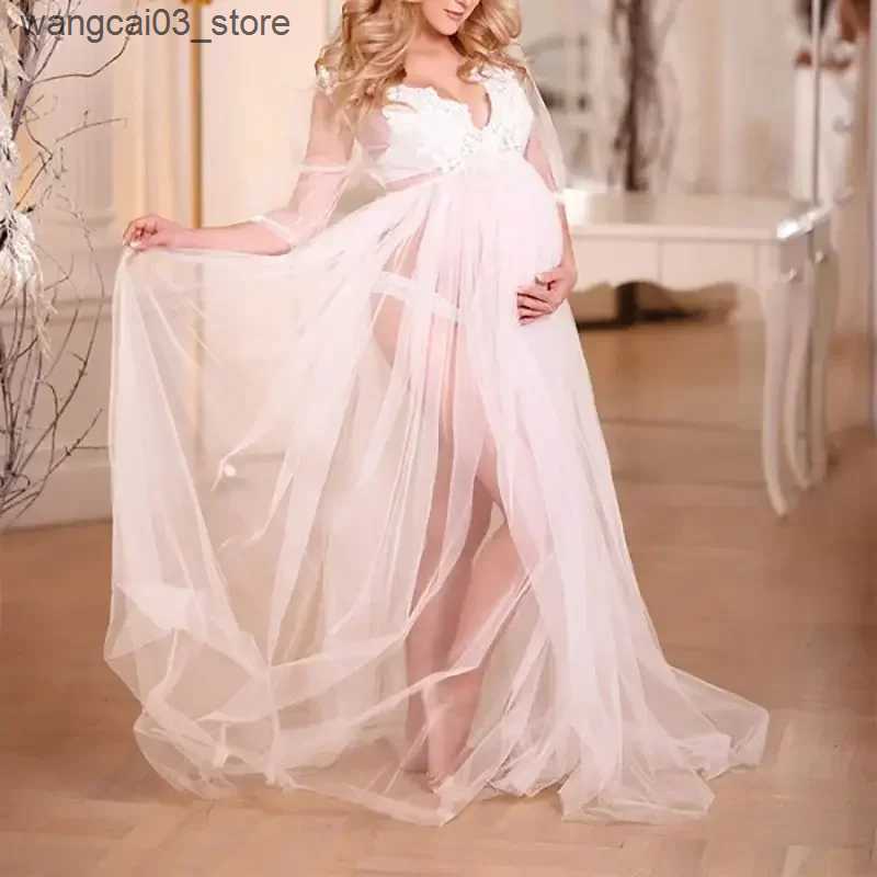 Maternity Dresses White Maternity Lace Dresses For Photography Props Sexy Pregnant Women V-Neck Maxi Baby Shower Dress Premama Photo Shoot Gowns L2409