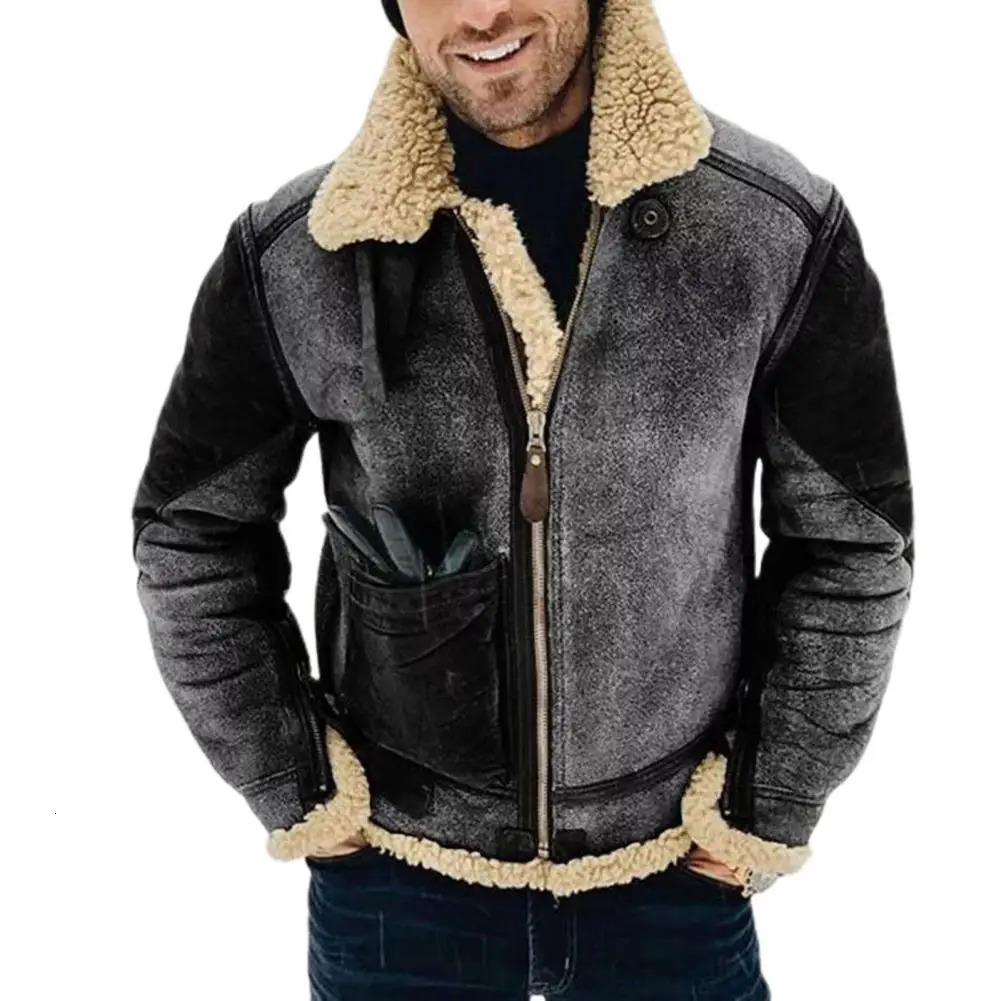 Mens Artificial Leather Fashion Coat Winter Warm Wool Jacket Thick Collar Casual Fashion Clothing 240930