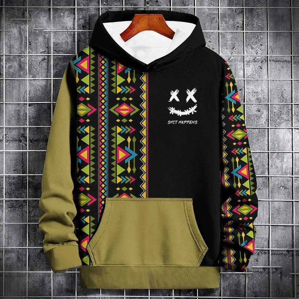 New Spring Autumn Hoodie Mens 3d Ethnic Pattern Stitching Print Long Sleeve Sweatshirt Fashion Street Hoodie Pullover Oversized LX241011