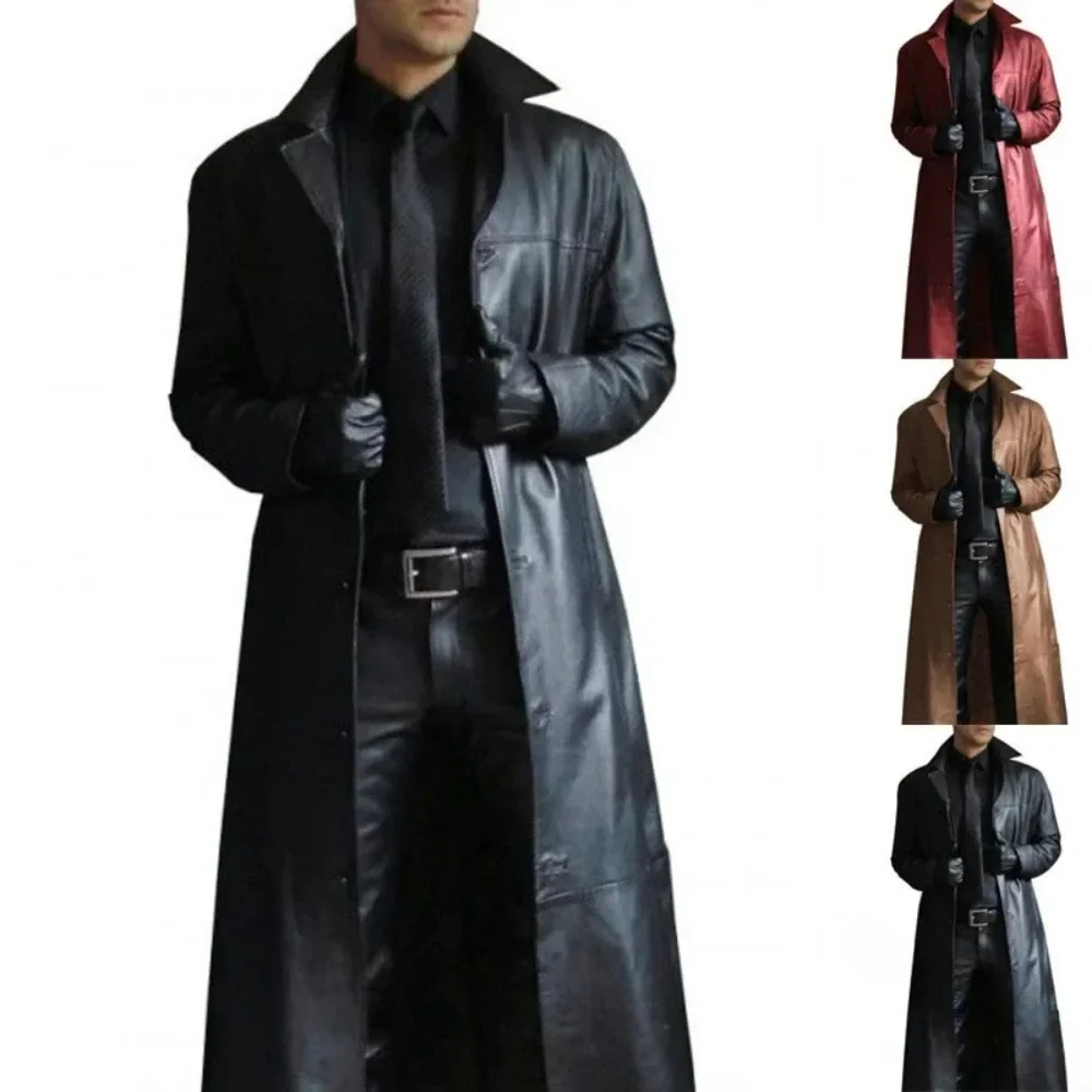Men Jacket Clothing Polo Collar Solid Color Trench Style Slim Fitting Leather Long for 240930