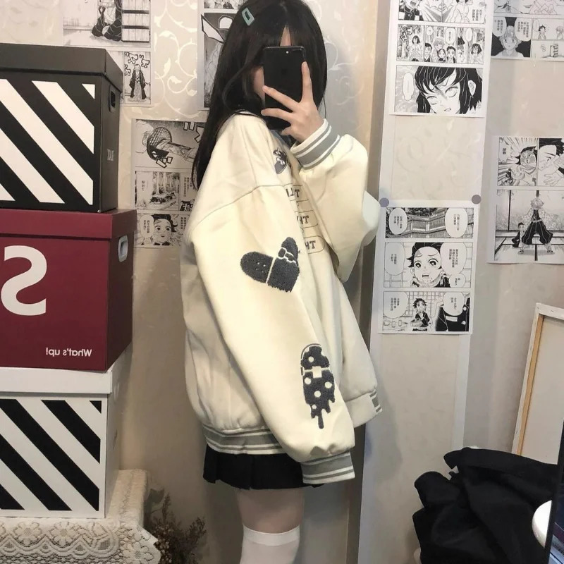 HOUZHOU Retro Y2K Baseball Jacket Womens Grunge College Oversized Bomber Jacket Harajuku Style Fashion Street Clothing 241011