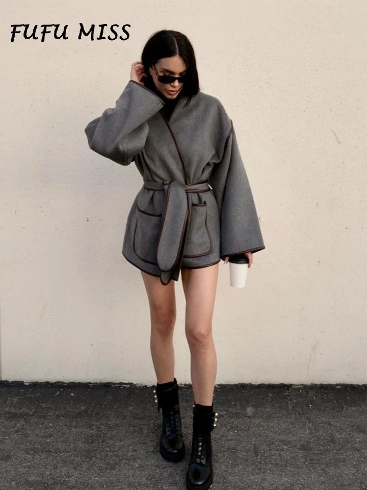 Elegant Contrast Loose Womens Coat With Belt Vneck Long Sleeve Pockets Casual Oversize Coats 2024 Autumn Lady Street Outerwear 240930