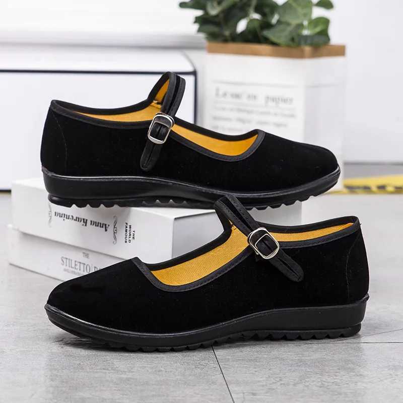 Womens Wedge Flat Shoes Spring New Fashionable Black Work Anti slip Rubber Sole Comfortable Belt Old Beijing Cloth Wedge Shoes Y241011