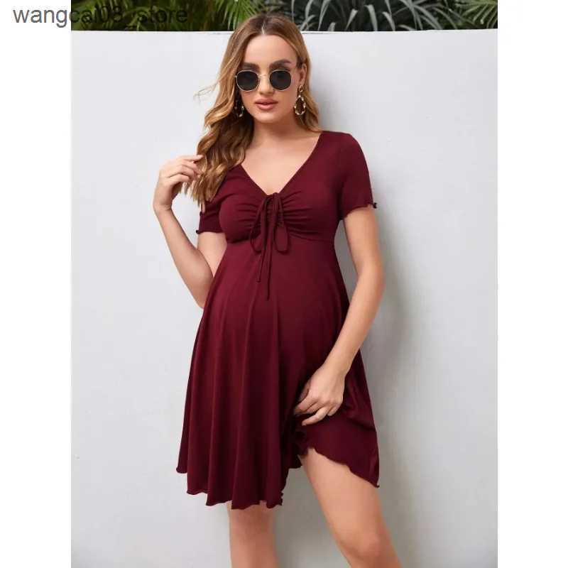 Maternity Dresses Maternity Clothes Solid Drawstring Dress Skirt Summer Casual Pregnant Women Short Sleeve V-Neck Dress Vestido Pregnancy Clothing L24