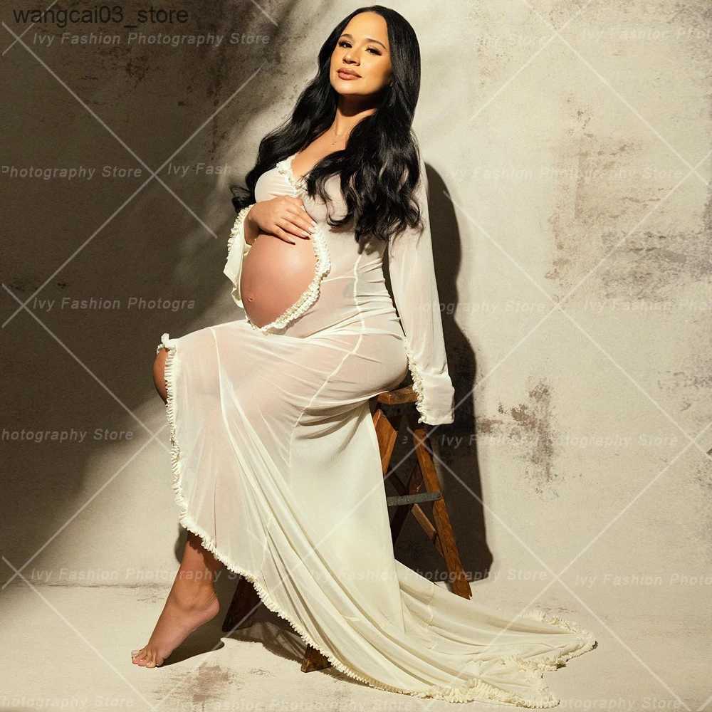 Maternity Dresses Maternity Dress Gown For Photo Shoot Sexy Transparent Ruffle Pregnant Woman Belly Hollowed Out Long Sleeved Baby Shower Dress L24091