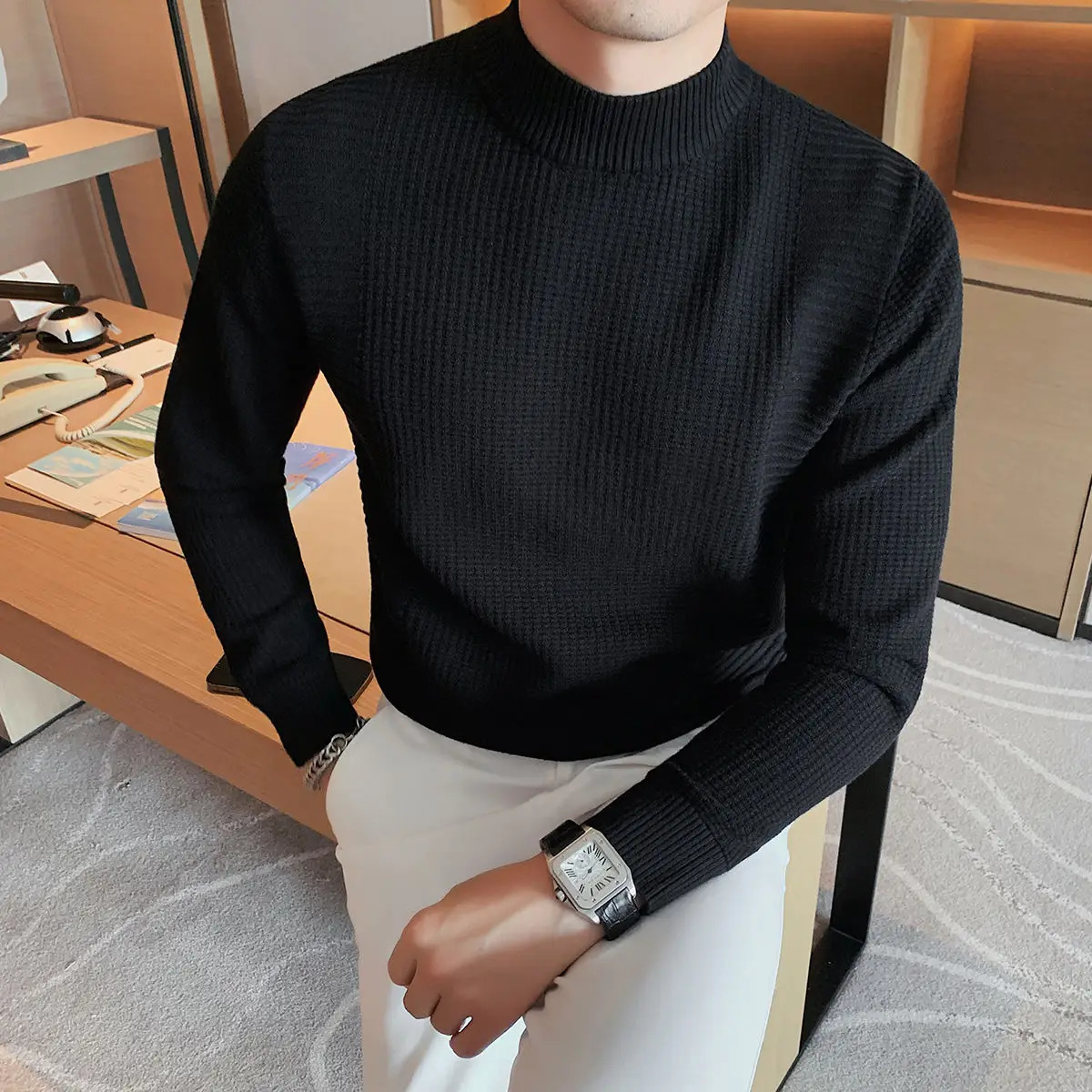 2023 Male High End Fashion Knitted Pullover Sweater Men Half Turtle Neck Winter Woolen Casual Jumper Clothes 240930