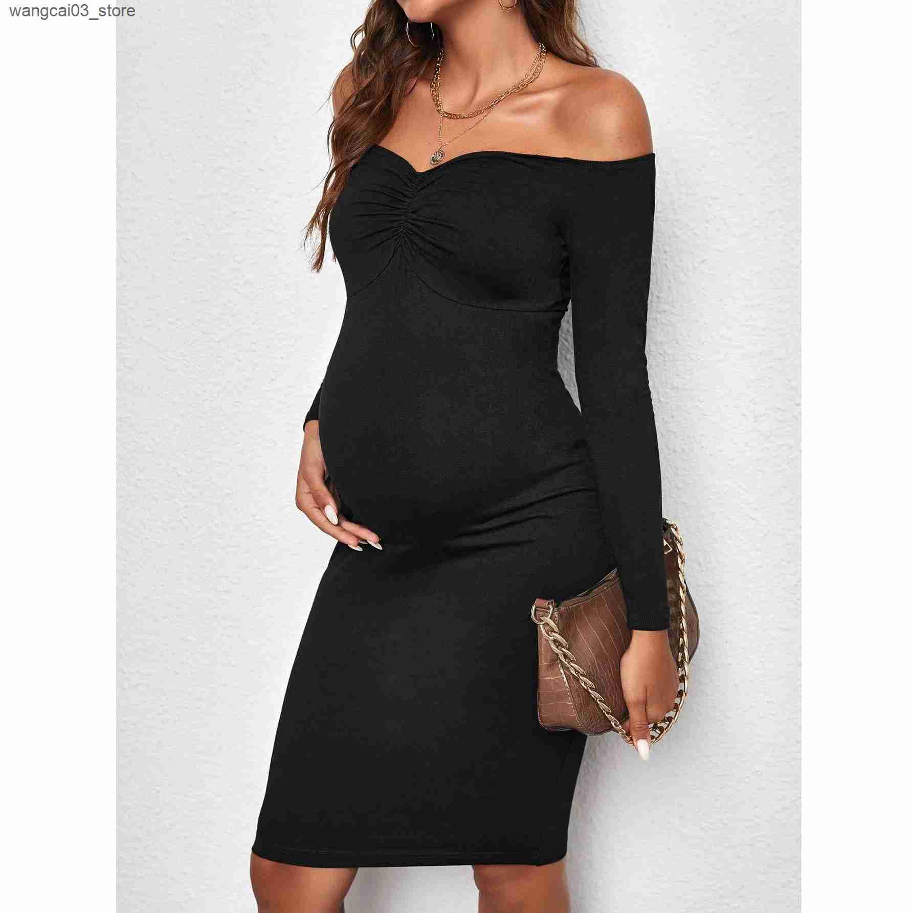 Maternity Dresses Pregnant Woman Off Shoulder Pleated Long Sleeve Jumpsuit Dress Summer American Elegant Fashion Clothes For Pregnant Maternity L24091
