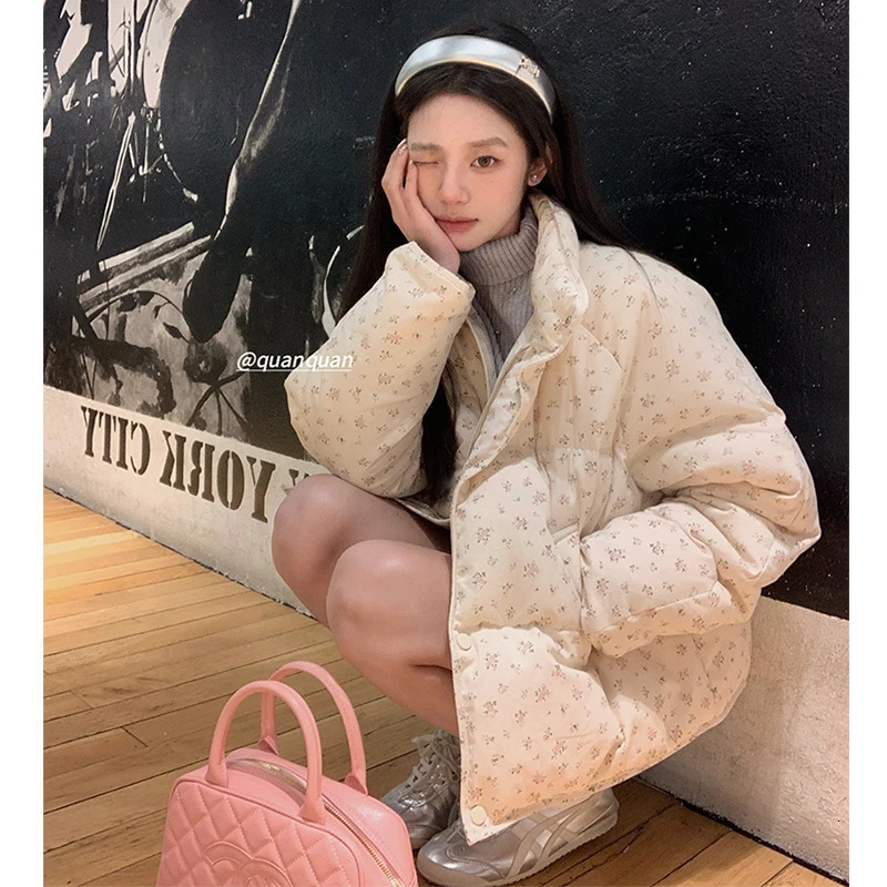 2024 Style Parkas Small Flowers Lapel Female Short Coat Down Cotton Jacket Loose Bread Clothing Womens Y2k 240930