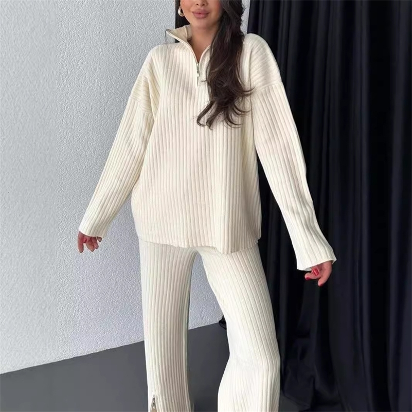Casual Knitted Home Set Womens Warm Zipper Top Pants Turn Down Collar Long Sleeve High Waisted Trousers 2 Piece Outfit y241010