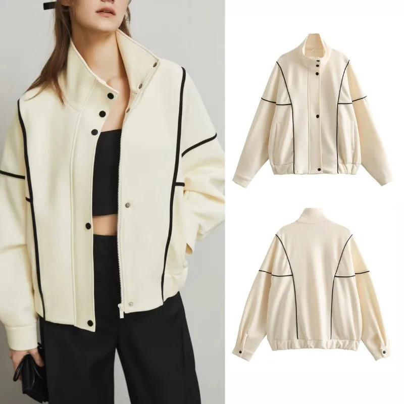 Autumn and Winter Womens Stand up Collar Splicing Work Zipper Button Pocket Solid Color Loose Fashion Casual Long Sleeve Coat 241011