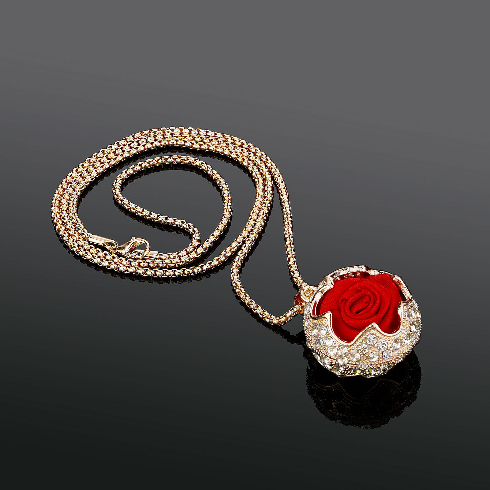 Double Sides Rose Flower Pendant Necklace Gold Plated Sweater Chain Jewelry Girl Women Gift