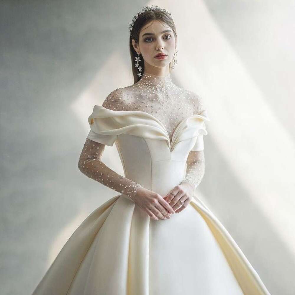 Fashion Ivory Pearls Wedding Elegant High Collar Draped Ball Gowns or Length Exquisite Sweep Train Bride Dress 2024