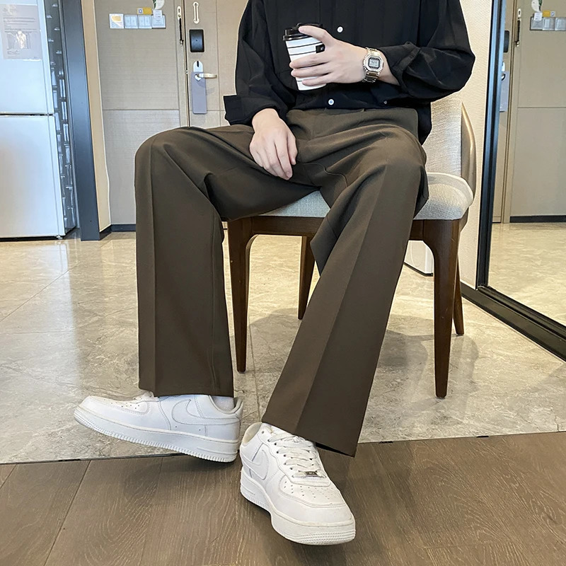 Spring and summer mens pants wide leg Trousers fashionable streetwear solid stretch waist oversized black 241010
