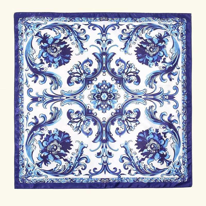 Bandanas Durag New Blue and White Porcelain Satin Silk Square Scarf Headscarf Printed Muslim Womens Headscarf Womens 2024 Headscarf 90 * 90cm J241010